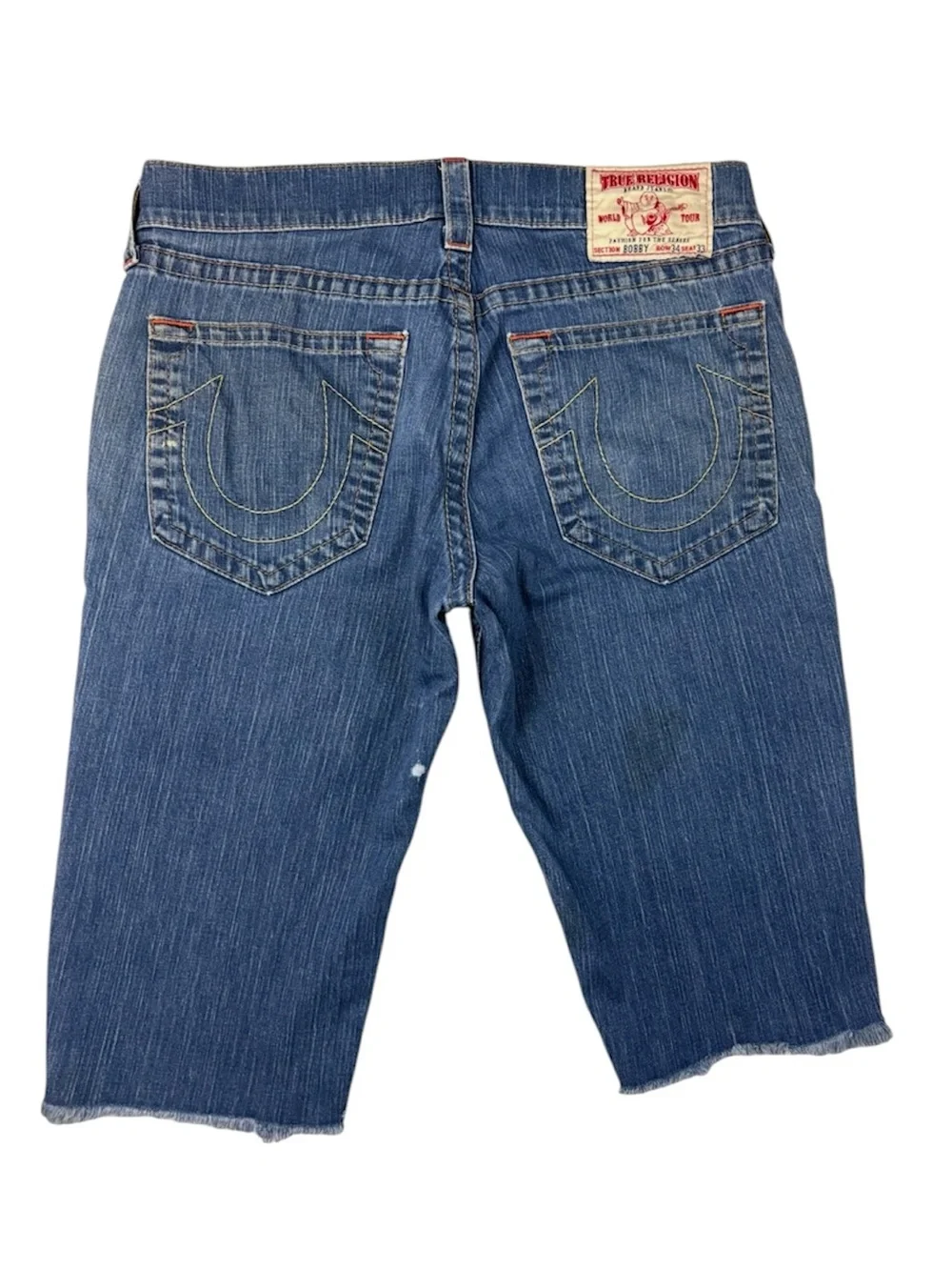 Vintage True Religion Bobby World‎ Tour Blue Denim Cut Off Shorts Sz 34